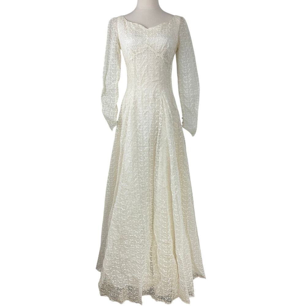 Vintage 1960s Wedding Dress Ivory Eyelet Lace Empire Waist Long Sleeve